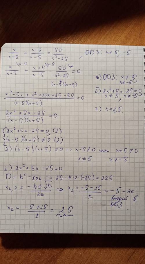 Дано уравнение x/x+5 + x+5/x-5 = 50/x²-25 a)Укажите область допустимых значений;б)Приведите рационал