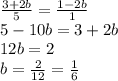 \frac{3+2b}{5}=\frac{1-2b}{1}\\5-10b=3+2b\\12b=2\\b=\frac{2}{12}=\frac{1}{6}