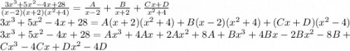 \frac{3 {x}^{3} + 5 {x}^{2} - 4x + 28}{(x - 2)(x + 2)( {x}^{2} + 4) } = \frac{A}{x - 2} + \frac{B}{x + 2} + \frac{Cx + D}{ {x}^{2} + 4 } \\ 3 {x}^{3} + 5 {x}^{2} - 4x + 28 = A(x + 2)( {x}^{2} + 4) + B(x - 2)( {x}^{2} + 4) + (Cx + D) ( {x}^{2} - 4) \\ 3 {x}^{3} + 5 {x}^{2} - 4x + 28 = A {x}^{3} + 4Ax + 2A {x}^{2} + 8A + B {x}^{3} + 4Bx - 2B {x}^{2} - 8B + C {x}^{3} - 4Cx + D {x}^{2} - 4D