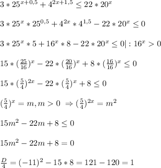3*25^{x+0,5} +4^{2x+1,5} \leq 22*20^{x}\\\\3*25^{x}*25^{0,5}+4^{2x}*4^{1,5}-22*20^{x}\leq0\\\\3*25^{x}*5+16^{x}*8-22*20^{x}\leq0|:16^{x}0\\\\15*(\frac{25}{16})^{x}-22*(\frac{20}{16})^{x}+8*(\frac{16}{16})^{x}\leq0\\\\15*(\frac{5}{4})^{2x }-22*(\frac{5}{4})^{x}+8\leq 0\\\\(\frac{5}{4})^{x}=m,m0 \ \Rightarrow (\frac{5}{4})^{2x}=m^{2}\\\\15m^{2}-22m+8\leq0\\\\15m^{2}-22m+8=0\\\\\frac{D}{4}=(-11)^{2}-15*8=121-120=1