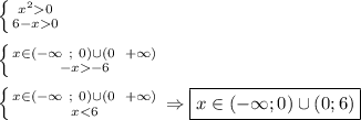 \left \{ {{x^{2}0} \atop {6-x0}} \right. \\\\\left \{ {{x\in(-\infty \ ; \ 0)\cup(0 \; \ +\infty)} \atop {-x-6}} \right.\\\\\left \{ {{x\in(-\infty \ ; \ 0)\cup(0 \; \ +\infty)} \atop {x