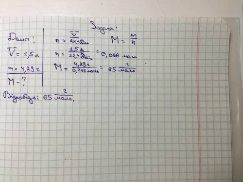 Газ,що займає об’єм 1,5 л за нормальних умов,має масу 4,29 г. яка молярна маса цього газу