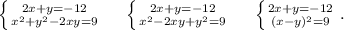 \left \{ {{2x+y=-12} \atop {x^2+y^2-2xy=9}} \right. \ \ \ \ \left \{ {{2x+y=-12} \atop {x^2-2xy+y^2=9}} \right.\ \ \ \ \left \{ {{2x+y=-12} \atop {(x-y)^2=9}} \right..