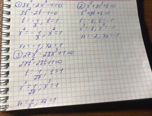 Решите уравнения: г) 3х^4 - 2х^2 - 1 = 0; д) х^6 +9х^3 + 8 = 0;е) 27х^6 - 28х^3 + 1 = 0. ​