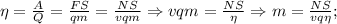 \eta=\frac{A}{Q}=\frac{FS}{qm}=\frac{NS}{vqm} \Rightarrow vqm=\frac{NS}{\eta} \Rightarrow m=\frac{NS}{vq \eta};