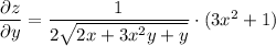 \dfrac{\partial z}{\partial y} =\dfrac{1}{2\sqrt{2x+3x^2y+y}} \cdot(3x^2+1)