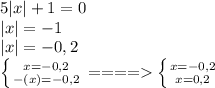 5|x|+1=0\\|x|=-1\\|x|=-0,2\\\left \{ {{x=-0,2} \atop {-(x)=-0,2}} \right. ====\left \{ {{x=-0,2} \atop {x=0,2}} \right.