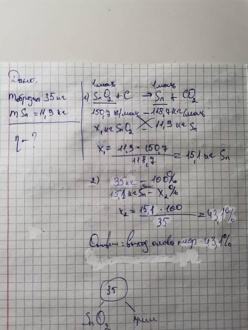 В результате плавки оловянного камня массой 35кг (оксид олова 4) с коксом, образовалось 11,9кг олова