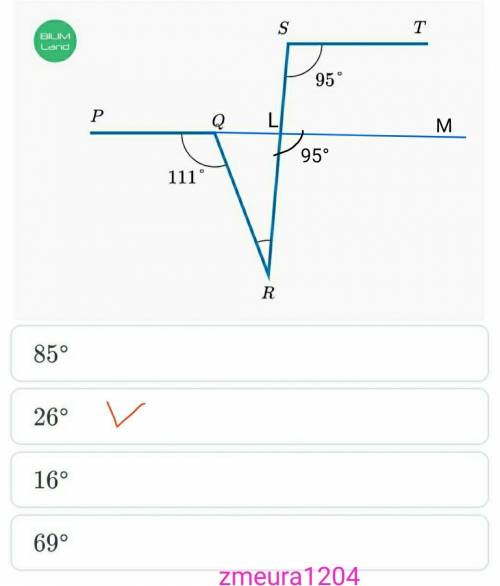 5 На рисунке PQ ∥ ST. Найди угол QRS.￼85°26°16°69°​