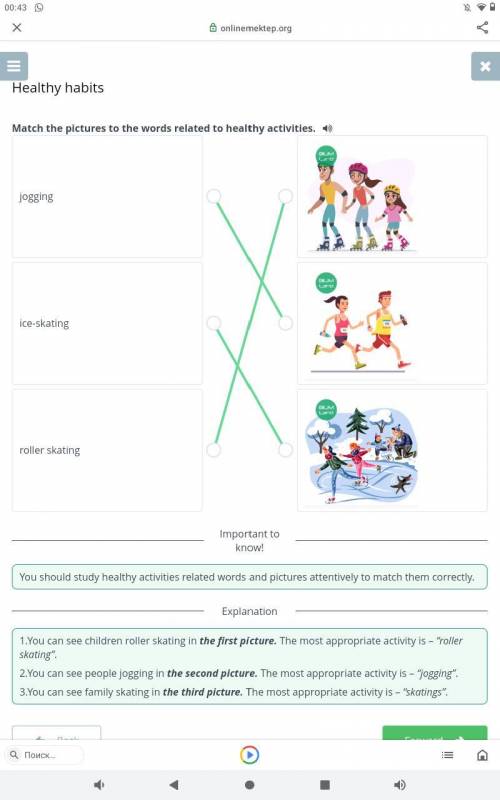 Healthy habits Match the pictures to the words related to healthy activities. 4)joggingIce-skatingro