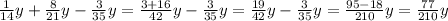 \frac{1}{14} y + \frac{8}{21} y - \frac{3}{35} y = \frac{3 + 16}{42} y - \frac{3}{35} y = \frac{19}{42} y - \frac{3}{35} y = \frac{95 - 18}{210} y = \frac{77}{210} y