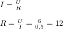 I = \frac{U}{R}\\\\R = \frac{U}{I} =\frac{6}{0,5} = 12