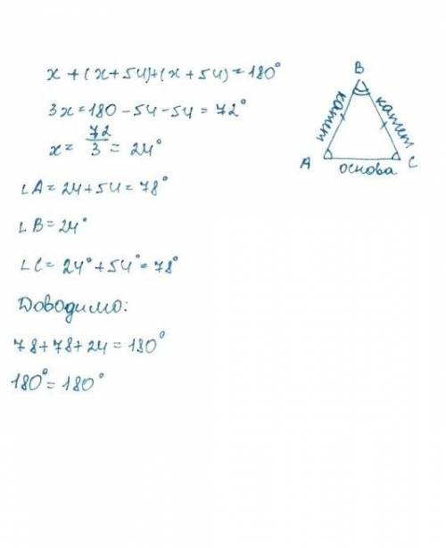 Знайдіть кути рівнобедреного трикутника якщо кути при основі на 54градиси більш за кут при вершині