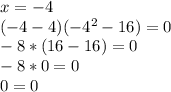 x=-4\\(-4-4)(-4^2-16)=0\\-8*(16-16)=0\\-8*0=0\\0=0\\