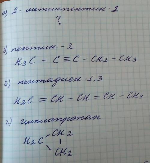 1) Напишите формулы веществ: А.) 2-метил пентин-1 В) пентин-2 Б) пентадиен 1-3 Г) циклопропан 2) Осу