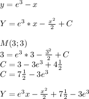 y=e^3-x\\\\Y=e^3*x-\frac{x^2}{2}+C\\\\M(3;3)\\3=e^3*3-\frac{3^2}{2}+C\\C=3-3e^3 +4\frac{1}{2}\\C=7\frac{1}{2}-3e^3\\\\Y= e^3x-\frac{x^2}{2}+7\frac{1}{2}-3e^3