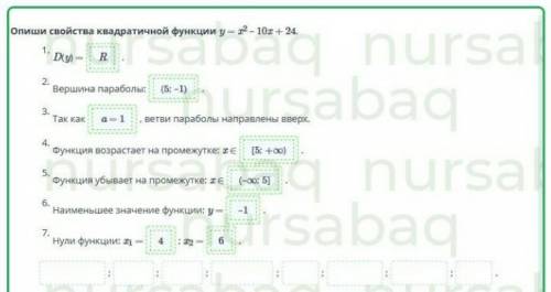 Опиши свойства квадратичной функции y = x2 – 10x + 24.