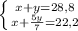 \left \{ {{x+y=28,8} \atop {x+\frac{5y}{7} =22,2}} \right.