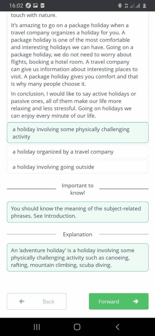 Decide which of the phrases is the definition of the phrase 'adventure holiday' according to the tex