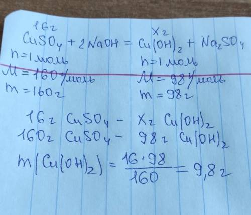 Вычислите массу осадка выпавшего при взаимодействии 16г сульфата меди 2 с гидрооксидом натрия​