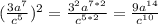 (\frac{3a^{7} }{c^{5} } )^{2} =\frac{3^{2}a^{7*2} }{c^{5*2}} =\frac{9a^{14}}{c^{10}}