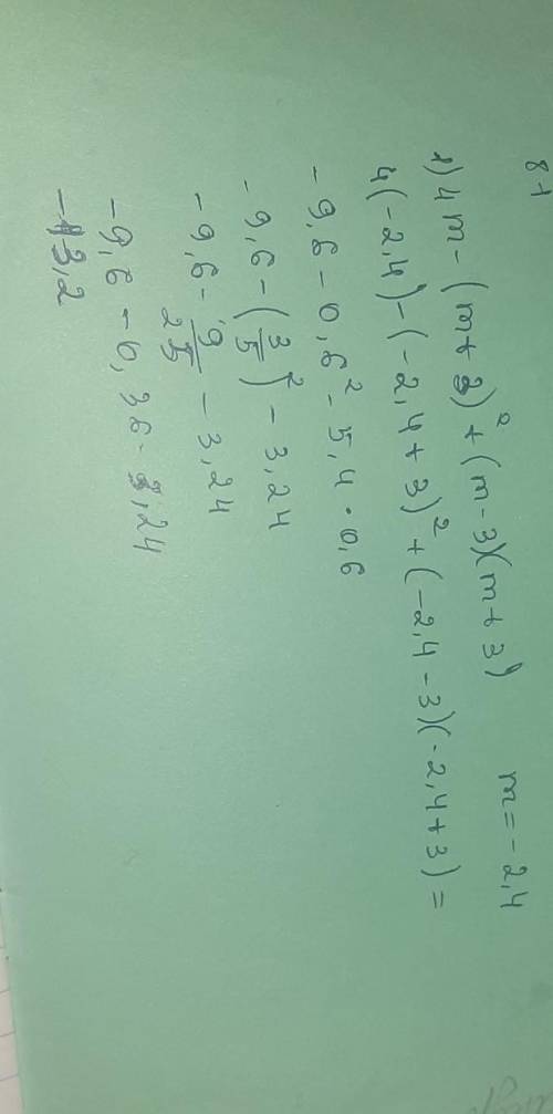 Найдите значение выражения 1) 4m-(m+3)^2 +(m-3)*(m+3), при m = -2,4​