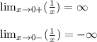 \lim_{x \to 0+} (\frac{1}{x}) = \infty\\\\ \lim_{x \to 0-} (\frac{1}{x}) = - \infty