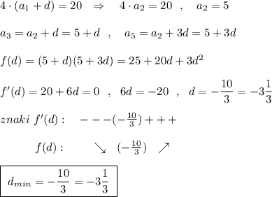 4\cdot (a_1+d)=20\ \ \Rightarrow \ \ \ 4\cdot a_2=20\ \ ,\ \ \ a_2=5\\\\a_3=a_2+d=5+d\ \ ,\ \ \ a_5=a_2+3d=5+3d\\\\f(d)=(5+d)(5+3d)=25+20d+3d^2\\\\f'(d)=20+6d=0\ \ ,\ \ 6d=-20\ \ ,\ \ d=-\dfrac{10}{3}=-3\dfrac{1}{3}\\\\znaki\ f'(d):\ \ \ ---(-\frac{10}{3})+++\\\\{}\qquad \ \ \ f(d):\ \qquad \ \searrow \ \ (-\frac{10}{3})\ \ \nearrow \\\\\boxed {\ d_{min}=-\dfrac{10}{3}=-3\dfrac{1}{3}\ }