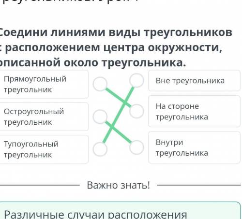 Соедини линиями виды треугольникоа с расположением центра окружности описанной около треугольника.​