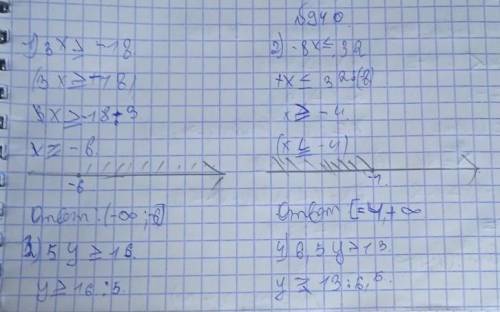 940. Решите неравенство. Решение запишите в виде числового промежутка:1) 3х - 18; 3) 5y 2 16;5) -8x