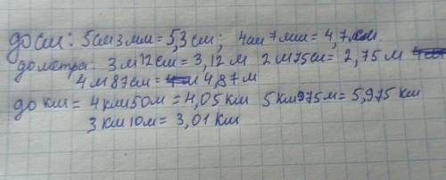 Округлите до указанных единиц До сантиметра (5см 3мм) ( 4 см 7мм )До метра (3м 12см) (2м 75 см) (4 м