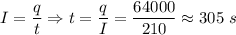 I = \dfrac q t \Rightarrow t = \dfrac q I = \dfrac{64 000}{210} \approx 305~s