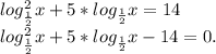 log_{\frac{1}{2}}^2x+5*log_{\frac{1}{2}}x=14\\ log_{\frac{1}{2}}^2x+5*log_{\frac{1}{2}}x-14=0.