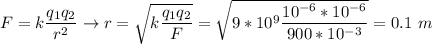 F = k\dfrac{q_1q_2}{r^2} \rightarrow r = \sqrt{k\dfrac{q_1q_2}{F} } =\sqrt{9*10^9 \dfrac{10^{-6} * 10^{-6}}{900*10^{-3}}} = 0.1~m