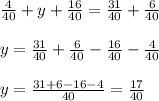 \frac{4}{40} + y + \frac{16}{40} = \frac{31}{40} +\frac{6}{40}\\\\y =\frac{31}{40} +\frac{6}{40} - \frac{16}{40} - \frac{4}{40}\\\\y = \frac{31+6-16-4}{40} = \frac{17}{40}