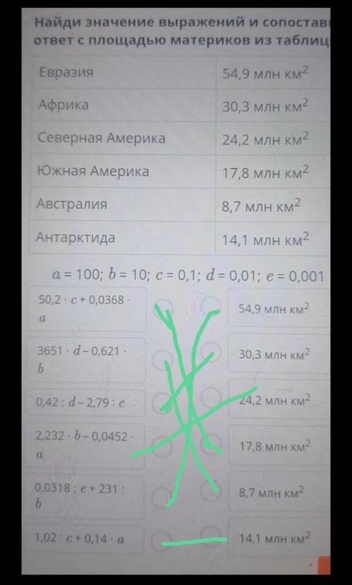 Найди значение выражений и сопоставьответ с площадью материков из таблицы.​