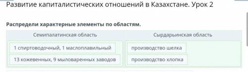 Распредели характерные элементы по областям.СемипалатинскаяобластьСырдарьинскаяобласть+ 13 кожевенны