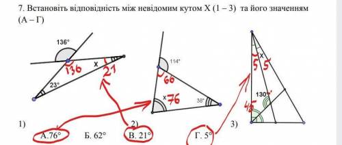 Встановіть відповідність між невідомим кутом X (1-3) та його значенням (А-Г)​