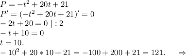 P=-t^2+20t+21\\P'=(-t^2+20t+21)'=0\\-2t+20=0\ |:2\\-t+10=0\\t=10.\\-10^2+20*10+21=-100+200+21=121. \ \ \ \ \Rightarrow\\