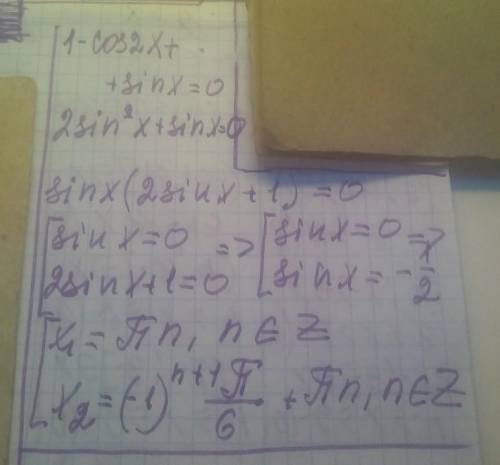 Знайдіть корені рівняння 1 - cos 2x + sin x = 0.​