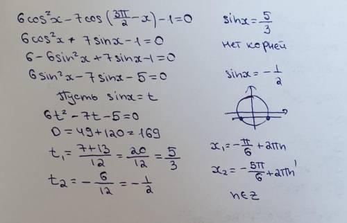 по алгебре6cos^2x-7cos(3П/2-x)-1=0​