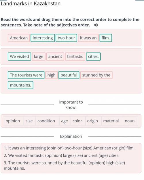 Landmarks in Kazakhstan Choose the most correct option of adjectives order in the following sentence