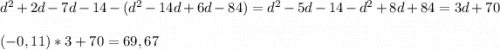 d^2+2d-7d-14-(d^2-14d+6d-84)=d^2-5d-14-d^2+8d+84=3d+70\\\\(-0,11)*3+70=69,67