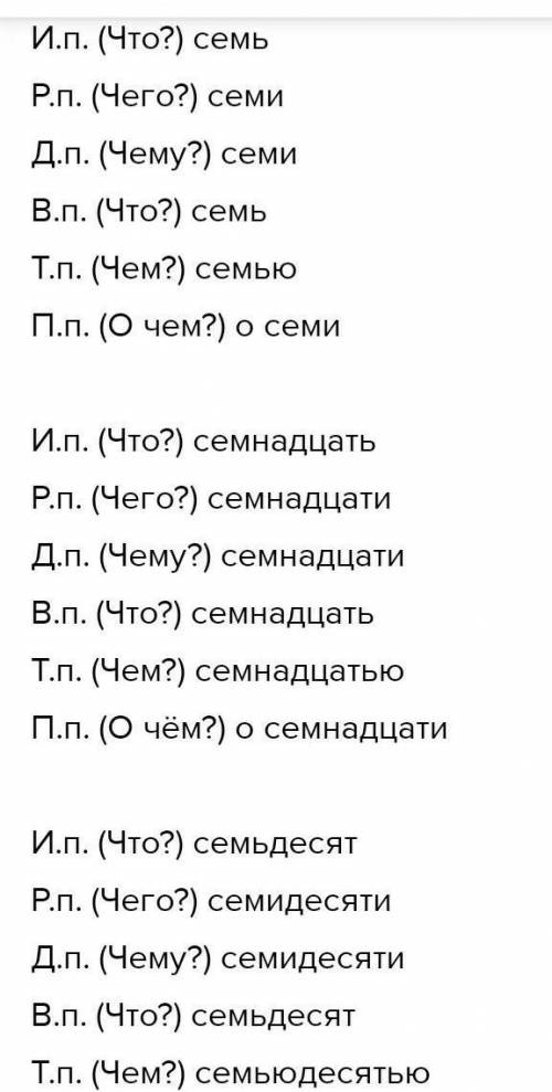 Просклонять: СЕМЬ, СЕМНАДЦАТЬ, СЕМЬДЕСЯТ, СЕМЬСОТ, ПЯТЬДЕСЯТ ПЯТЬ​