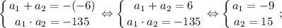 $ \displaystyle \left \{ {{a_{1}+a_{2}=-(-6)} \atop {a_{1} \cdot a_{2}=-135}} \right. \Leftrightarrow \left \{ {{a_{1}+a_{2}=6} \atop {a_{1} \cdot a_{2}=-135}} \right. \Leftrightarrow \left \{ {{a_{1}=-9} \atop {a_{2}=15}} \right. ; $