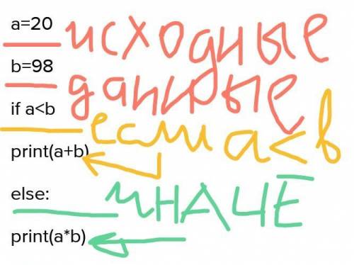 A=20b=98if a<bprint(a+b)else:print(a*b)​