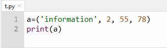 2. Что выйдет на экране в результате выполнения a= (“information”, 2, 55, 78) print(а)? а) 2, 55, 78