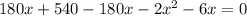 180x+540-180x-2x^2-6x=0