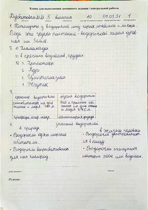 Заполните таблицу Многообразие многоклеточных водорослей, запишите недостающую информацию ! Нормал