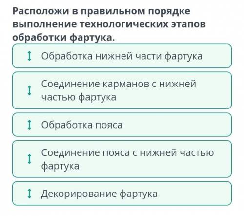 Расположи в правильном порядке выполнение технологических этапов обработки фартука. Обработка поясаС